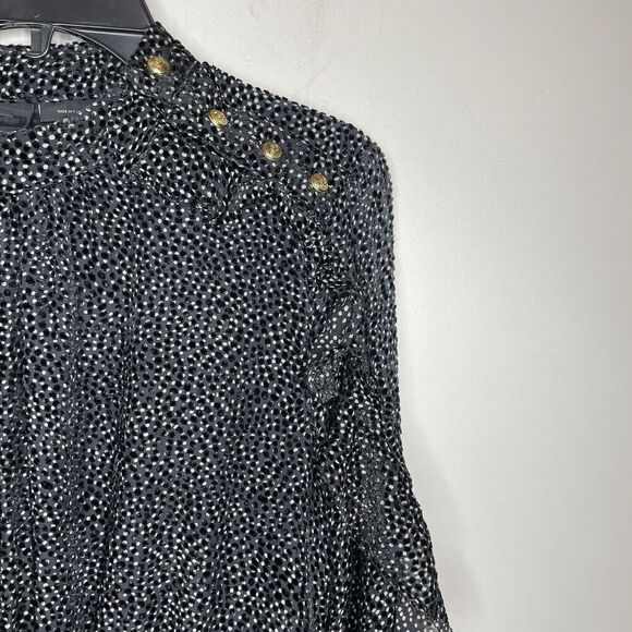 PINKO Mini Dress Women 2 Black Gray Dot Long Sleeve Ruffle Trim Viscose Silk - Picture 3 of 15